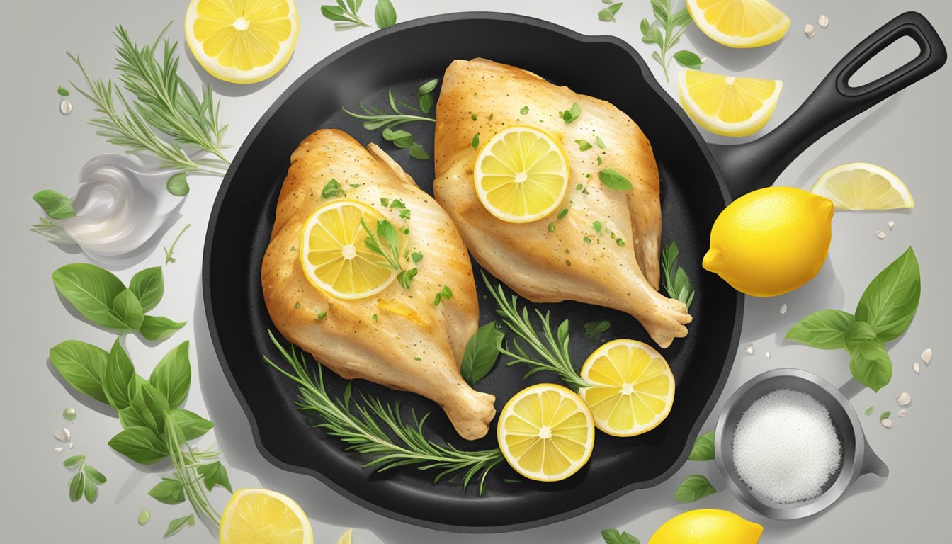 A chicken breast sizzling on a hot skillet, surrounded by fresh lemon slices and aromatic herbs