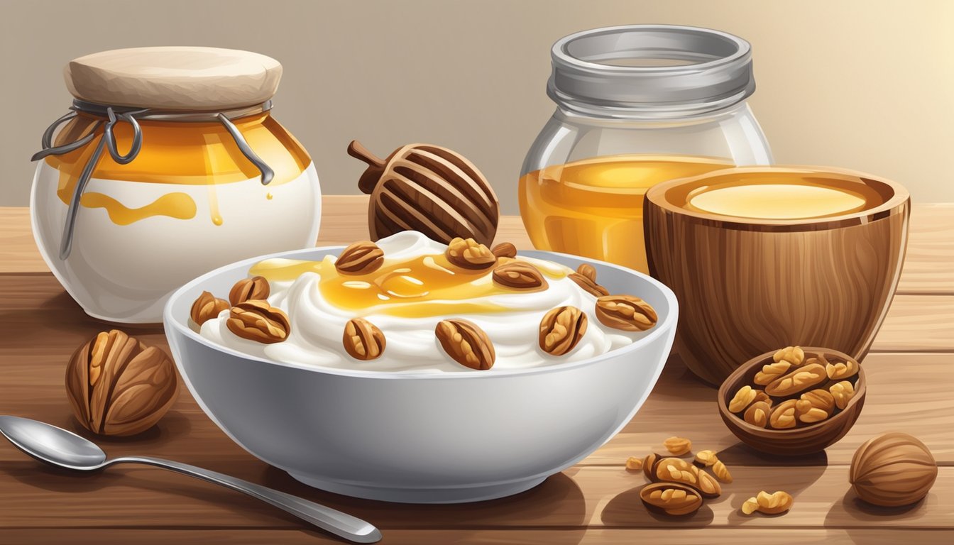 A bowl of Greek yogurt topped with walnuts and drizzled with honey sits on a wooden table, surrounded by ingredients like walnuts and a jar of honey