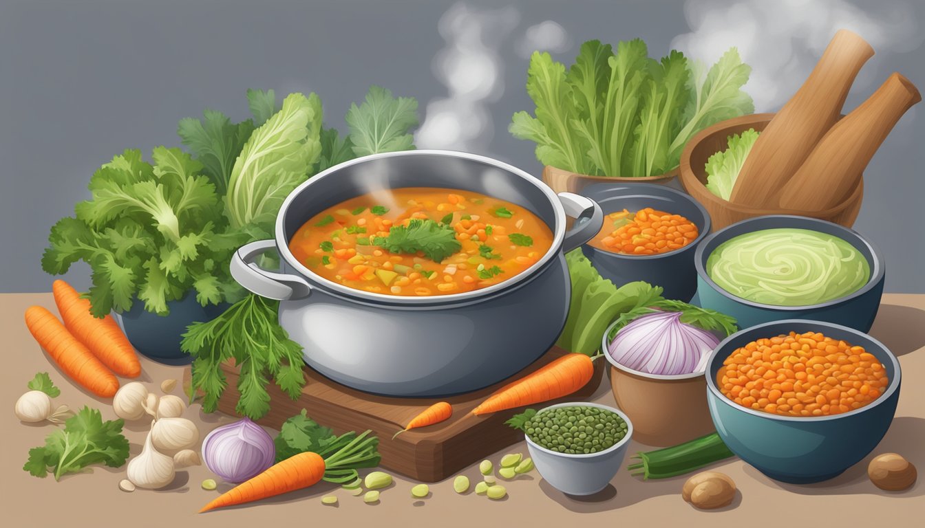 A steaming pot of lentil and vegetable soup surrounded by a variety of colorful, fresh ingredients such as carrots, celery, and leafy greens