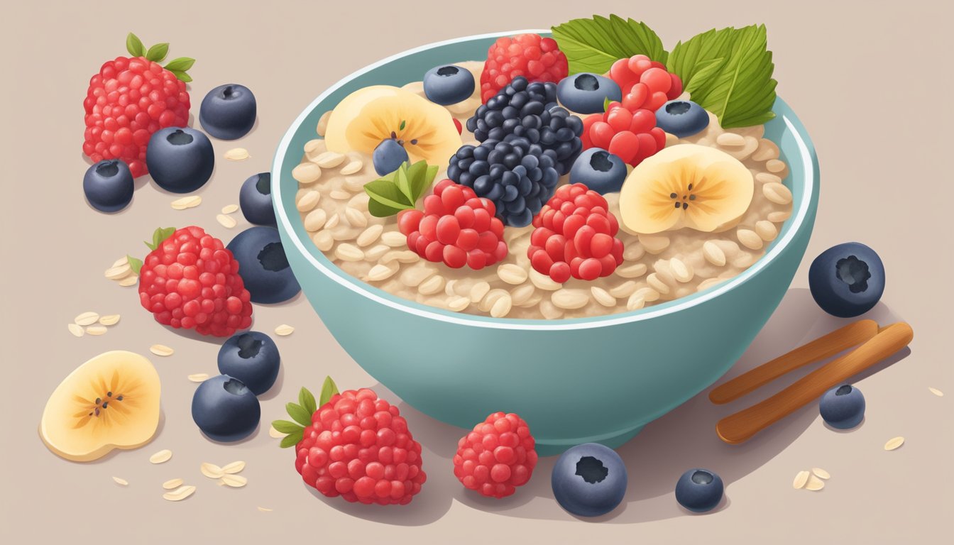 A bowl of oatmeal topped with fresh berries, surrounded by a variety of digestive health meal plan ingredients