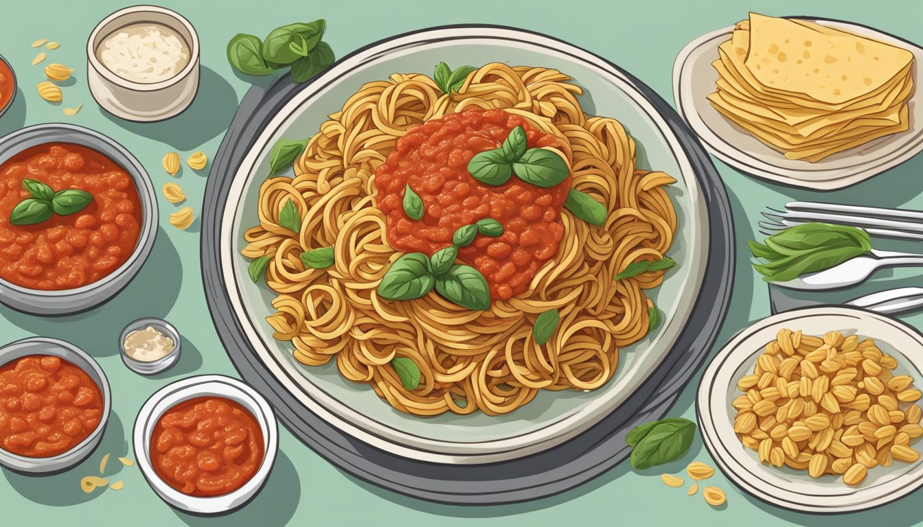 A plate of whole wheat pasta with marinara sauce surrounded by 15 different meal plans for diabetics