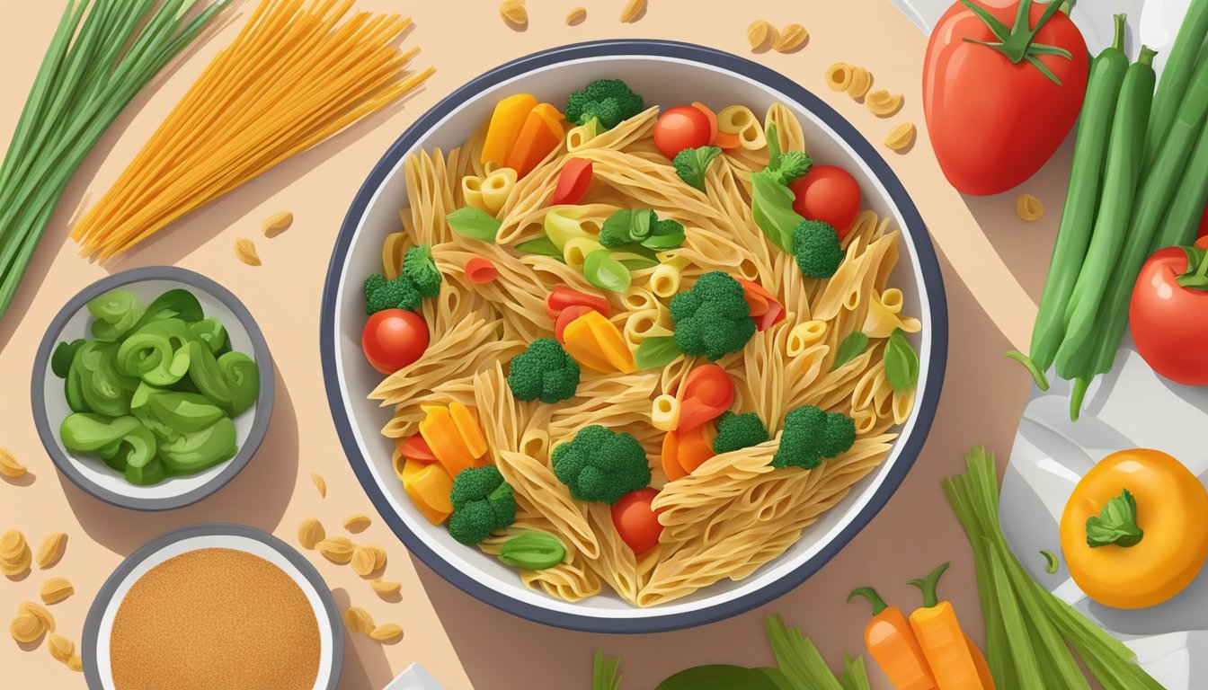 A bowl of whole wheat pasta with colorful veggies arranged around it, with a backdrop of a diabetes-friendly meal plan