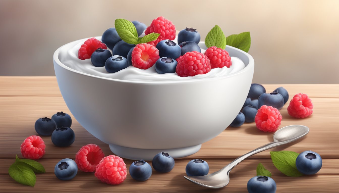 A bowl of Greek yogurt topped with fresh berries sits on a rustic wooden table, surrounded by a scattering of blueberries and raspberries