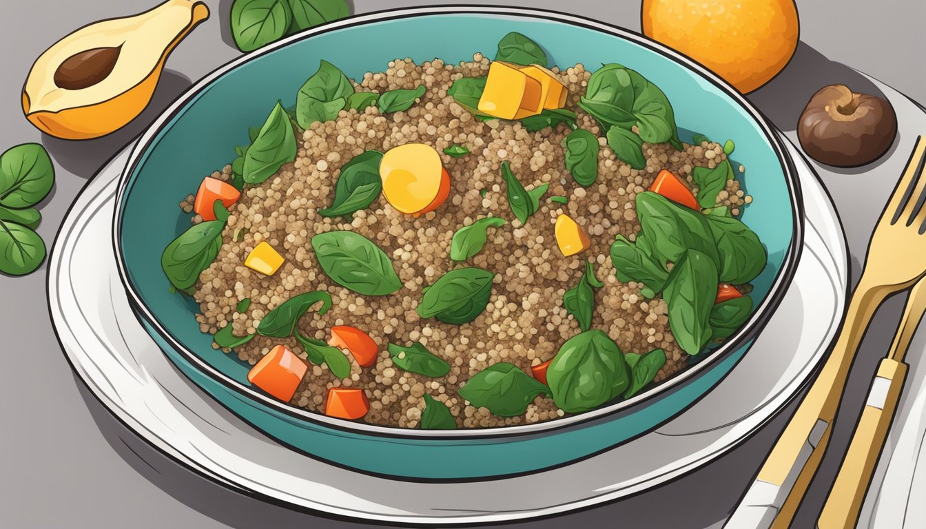 A colorful bowl of quinoa and spinach salad surrounded by fresh ingredients and a plate with the title "Liver-Supporting Diabetic Meal Plans."