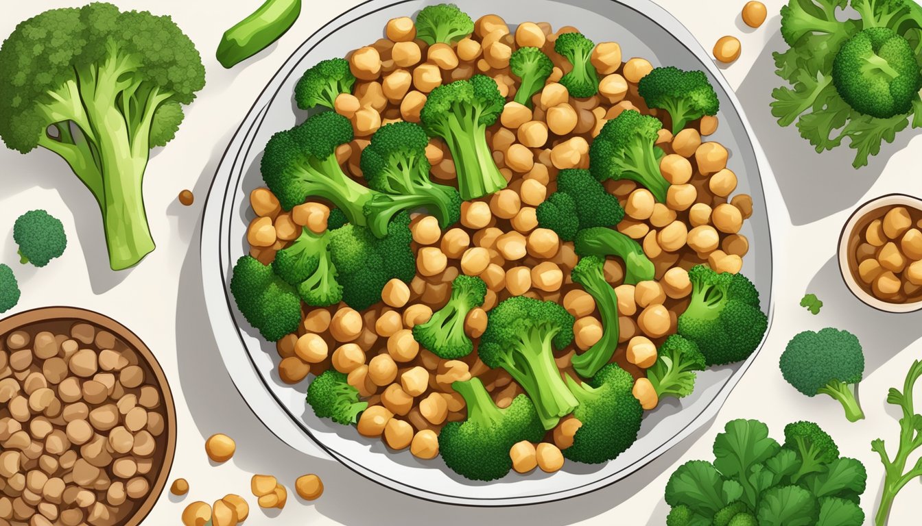 A colorful stir-fry of chickpeas and broccoli surrounded by various liver-supporting foods, arranged in a visually appealing and appetizing manner