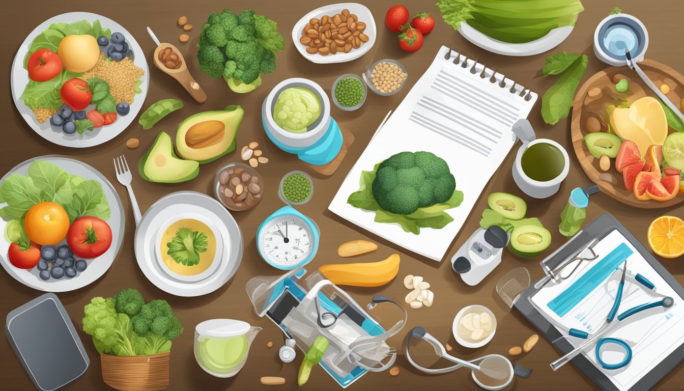 A table set with various healthy foods, surrounded by medical equipment and informational materials on diabetes and vision support