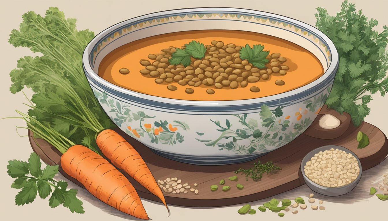 A steaming bowl of lentil soup with carrots sits on a table surrounded by ingredients like lentils, carrots, and herbs