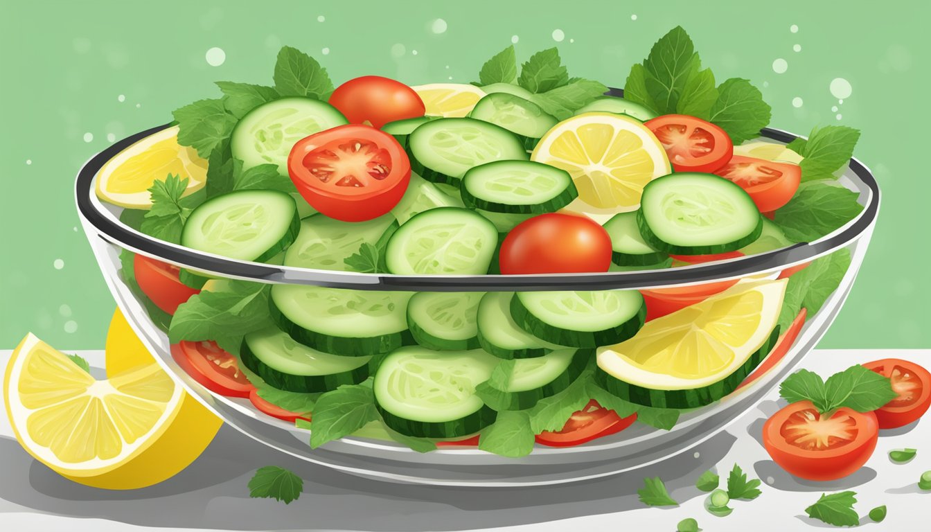 A vibrant bowl of sliced cucumbers and tomatoes, drizzled with zesty lemon dressing, surrounded by fresh ingredients