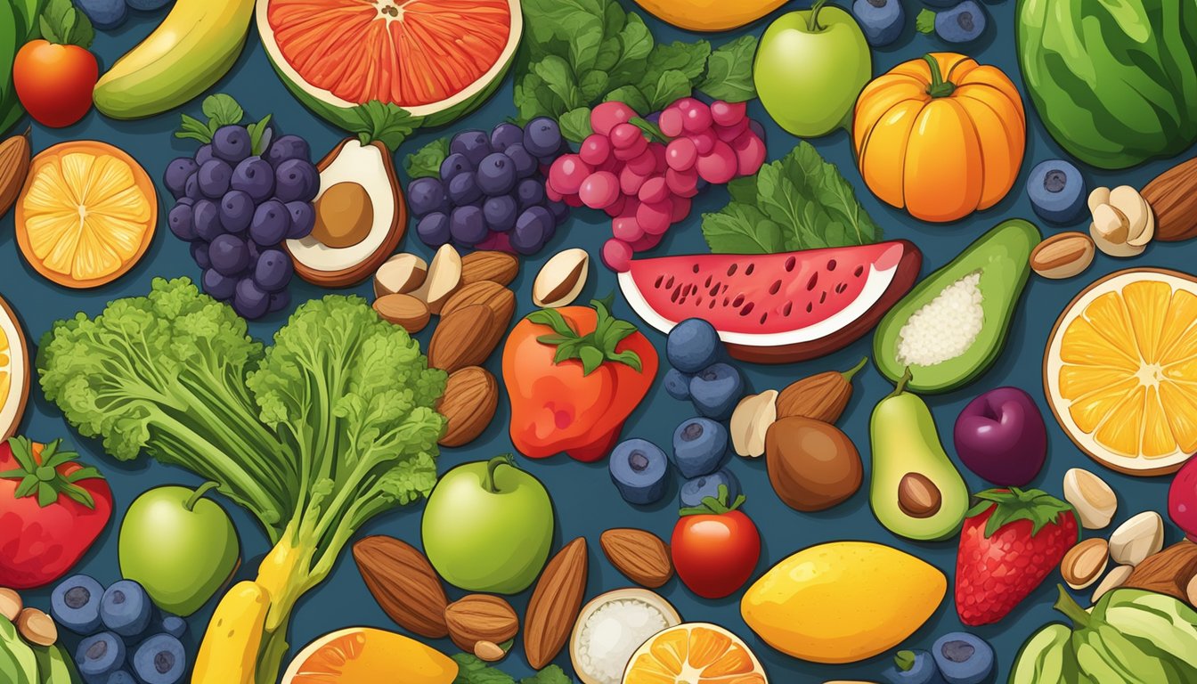 A vibrant array of colorful fruits, vegetables, nuts, and lean proteins arranged on a table, with a focus on ingredients that support eye health for diabetic meal plans