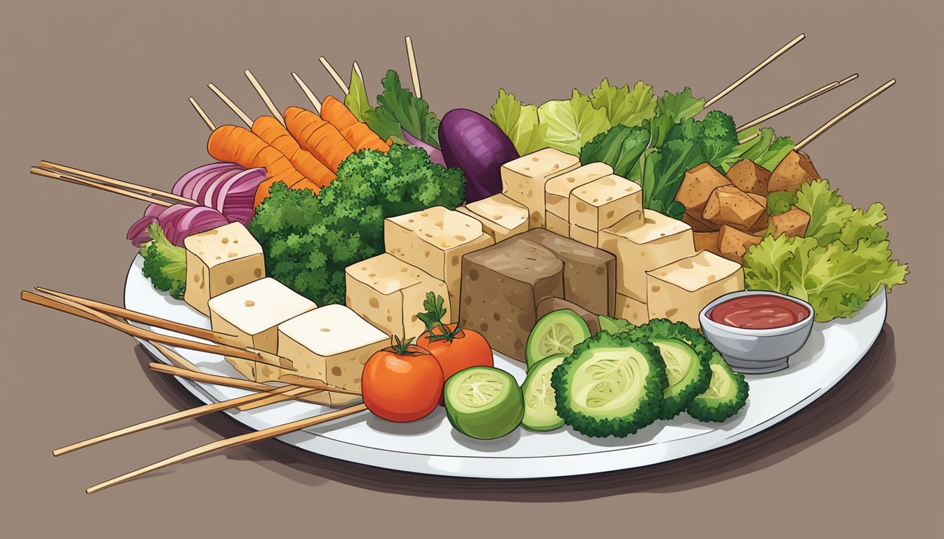 A colorful array of tofu and vegetable skewers arranged on a plate, surrounded by various liver-supporting foods