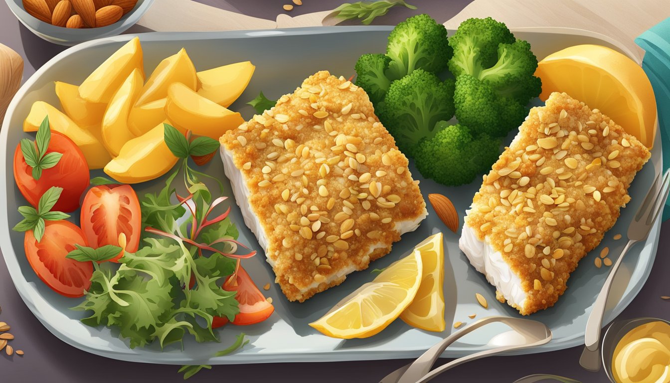 A platter of almond-crusted baked cod surrounded by 15 colorful meal plans for diabetics, emphasizing digestive health