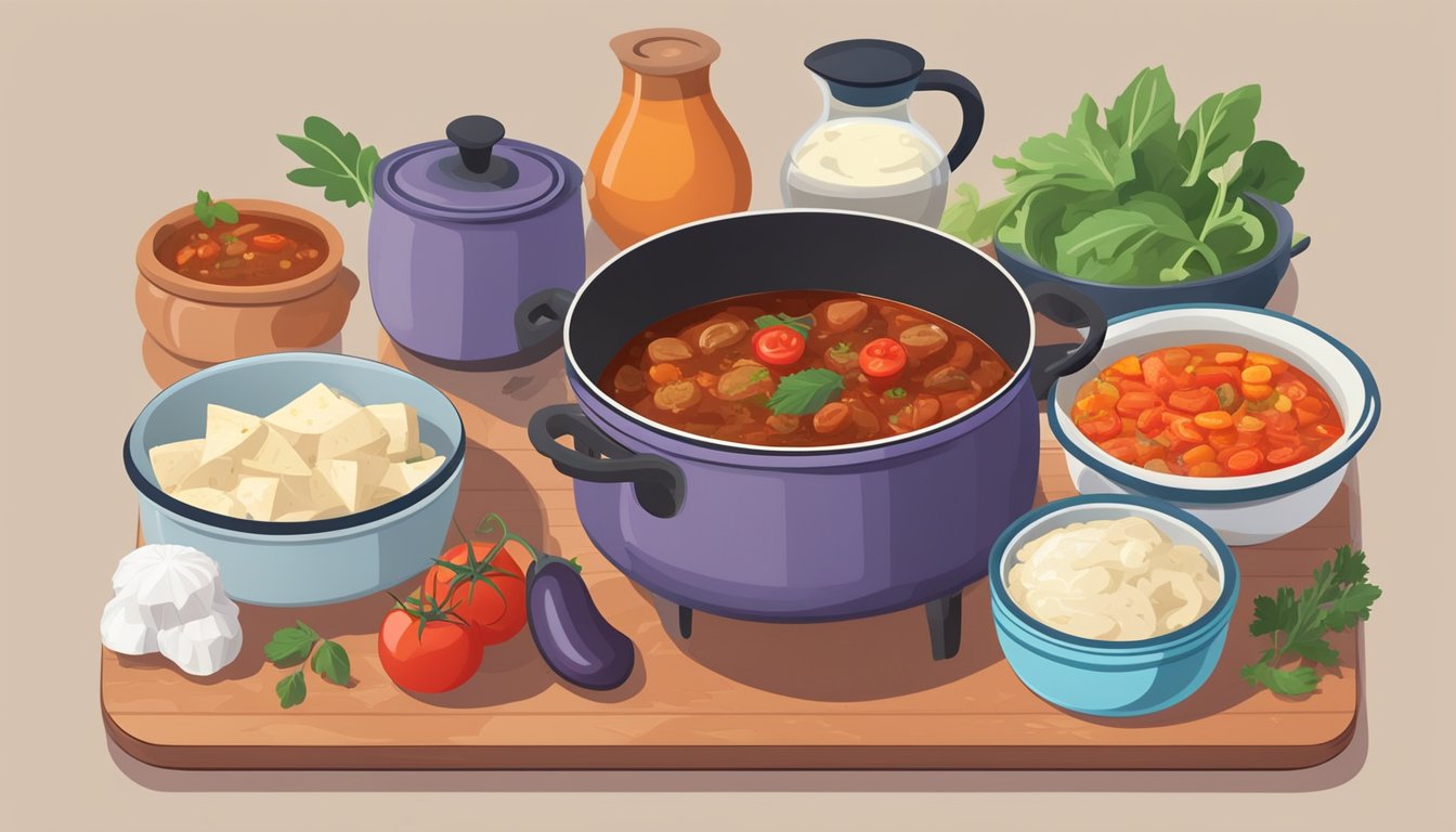 A pot of eggplant and tomato stew simmering on a stovetop, surrounded by various liver-supporting diabetic meal ingredients