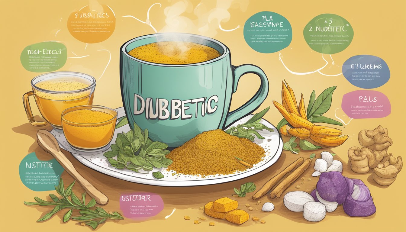 A steaming mug of turmeric ginger tea surrounded by colorful, nutrient-rich diabetic meal plans