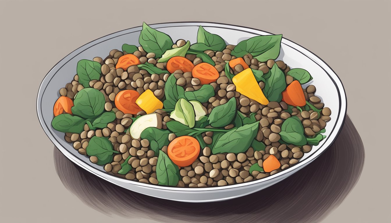 A colorful bowl filled with lentils, spinach, and assorted vegetables, topped with a light vinaigrette dressing