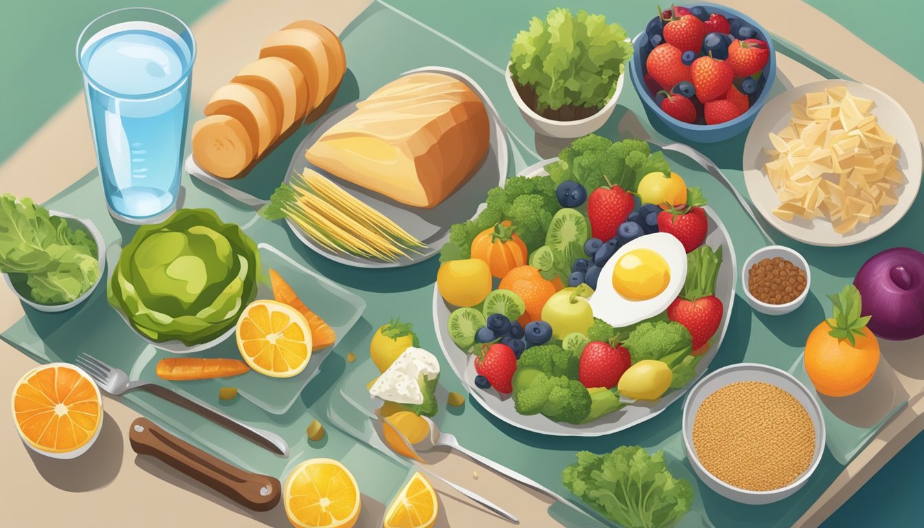 A table set with a variety of healthy foods, including fruits, vegetables, lean proteins, and whole grains. A glass of water and a plate with a balanced meal are also displayed