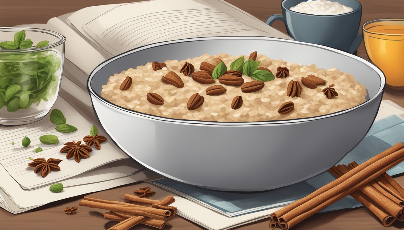 A bowl of cinnamon-spiced oatmeal surrounded by ingredients and a recipe book titled "Liver-Supporting Diabetic Meal Plans."