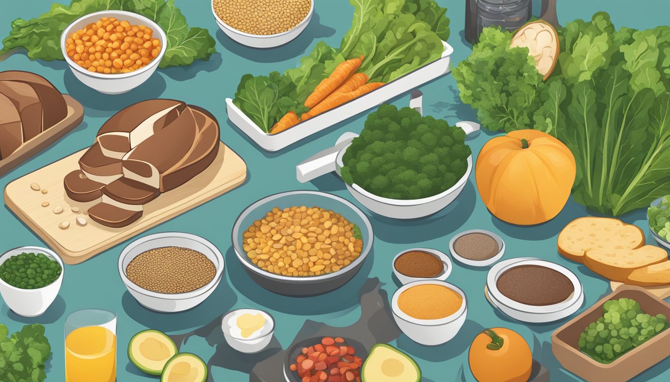 A table filled with colorful, nutrient-rich foods like leafy greens, lean proteins, and whole grains. A liver diagram and blood sugar monitor sit nearby