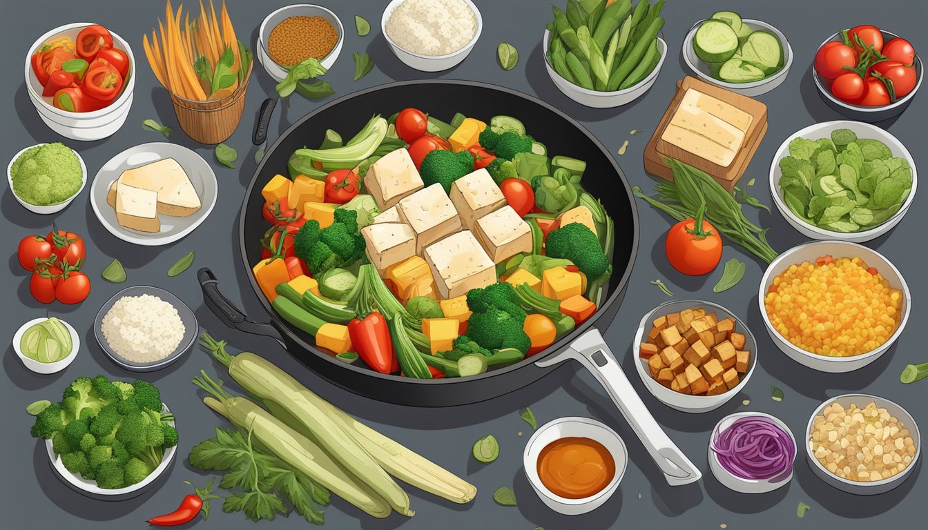 A colorful array of fresh vegetables and tofu sizzling in a wok, surrounded by various meal plans and diabetic-friendly ingredients