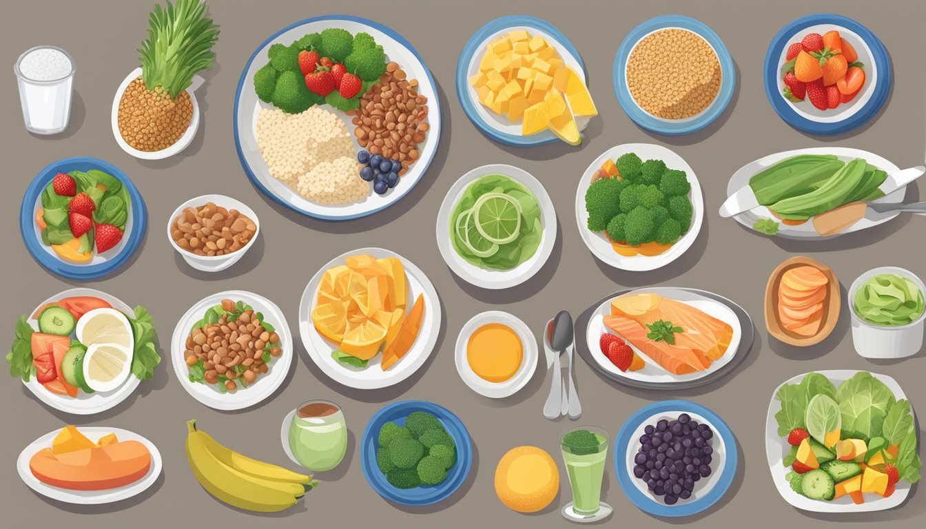 A table set with 10 different balanced meal plans, each featuring liver-supporting foods tailored for diabetics, including a variety of colorful fruits, vegetables, lean proteins, and whole grains