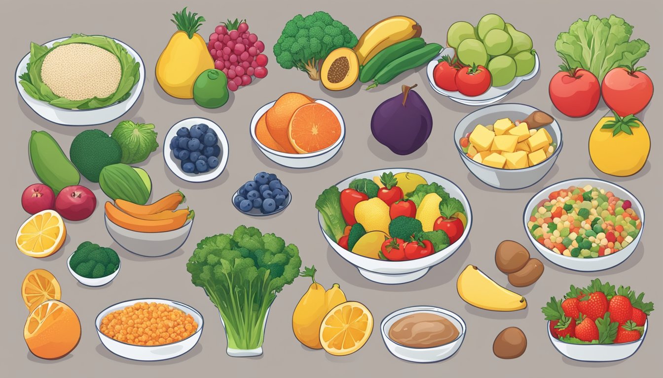 A table with 10 colorful and balanced meal plans, including a variety of fruits, vegetables, lean proteins, and whole grains, all designed to support liver health for individuals with diabetes