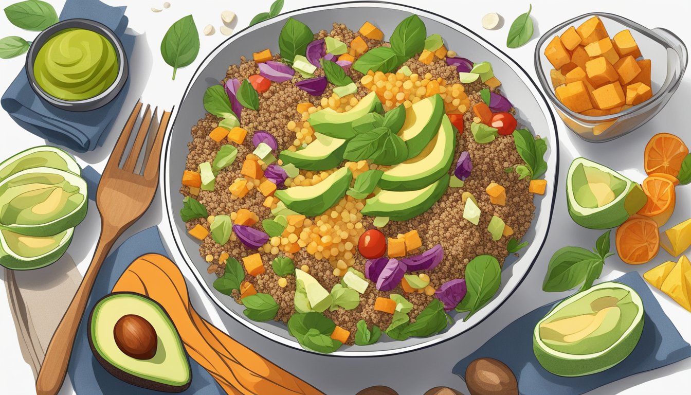 A colorful quinoa salad with avocado, surrounded by 7 meal plans for diabetics, each featuring a variety of healthy, polyphagia management options