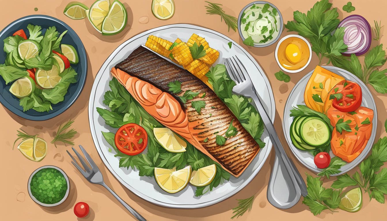 A plate of grilled salmon with Mediterranean sides, surrounded by fresh herbs and colorful vegetables