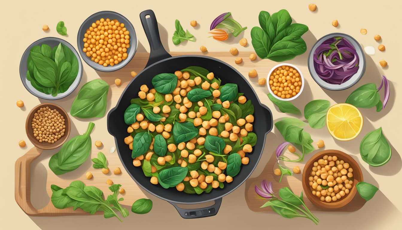 A colorful stir fry sizzling in a pan, with vibrant chickpeas and green spinach mixed together, surrounded by fresh ingredients