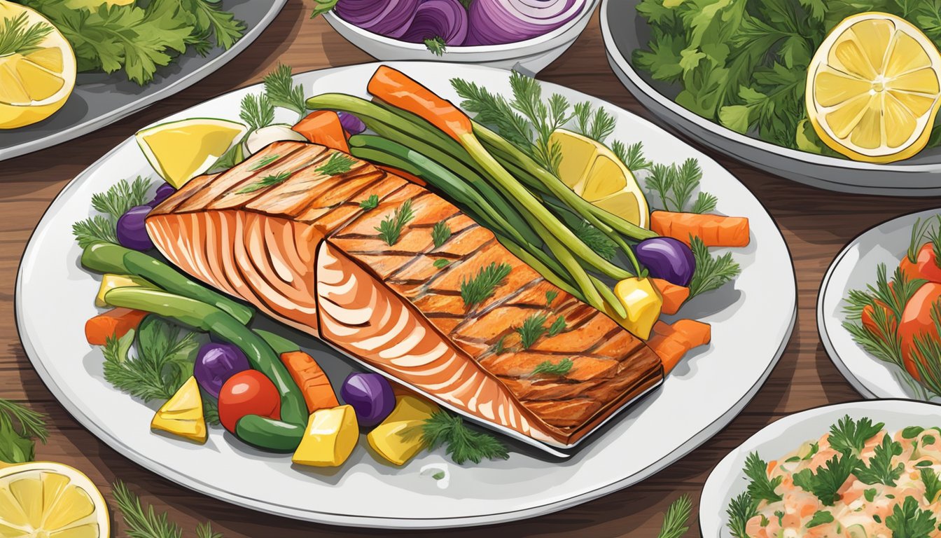 A plate of grilled salmon topped with lemon-dill sauce surrounded by a variety of colorful, nutrient-rich vegetables