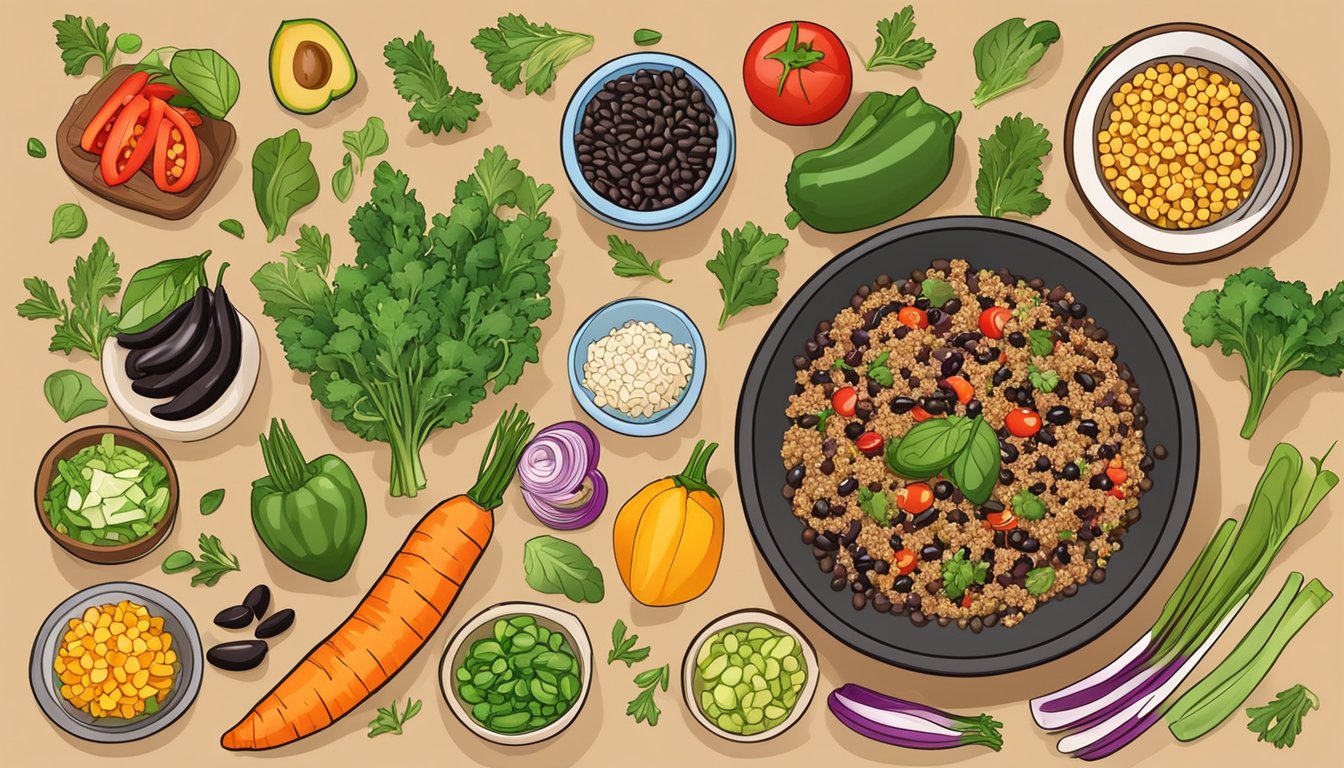 A colorful bowl of quinoa and black bean salad surrounded by fresh ingredients and a variety of vibrant vegetables