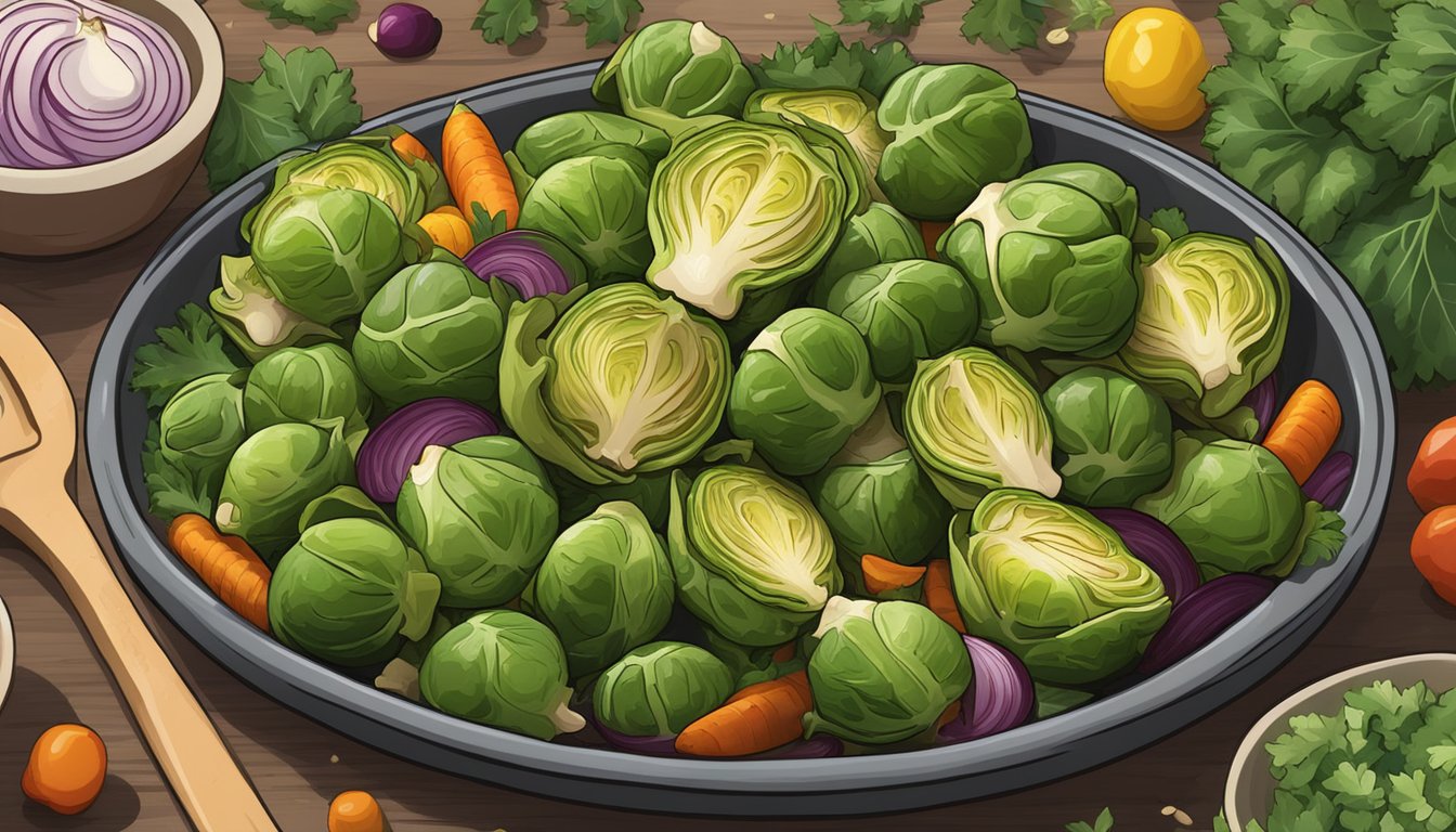 A platter of roasted Brussels sprouts with garlic, surrounded by colorful vegetables and herbs