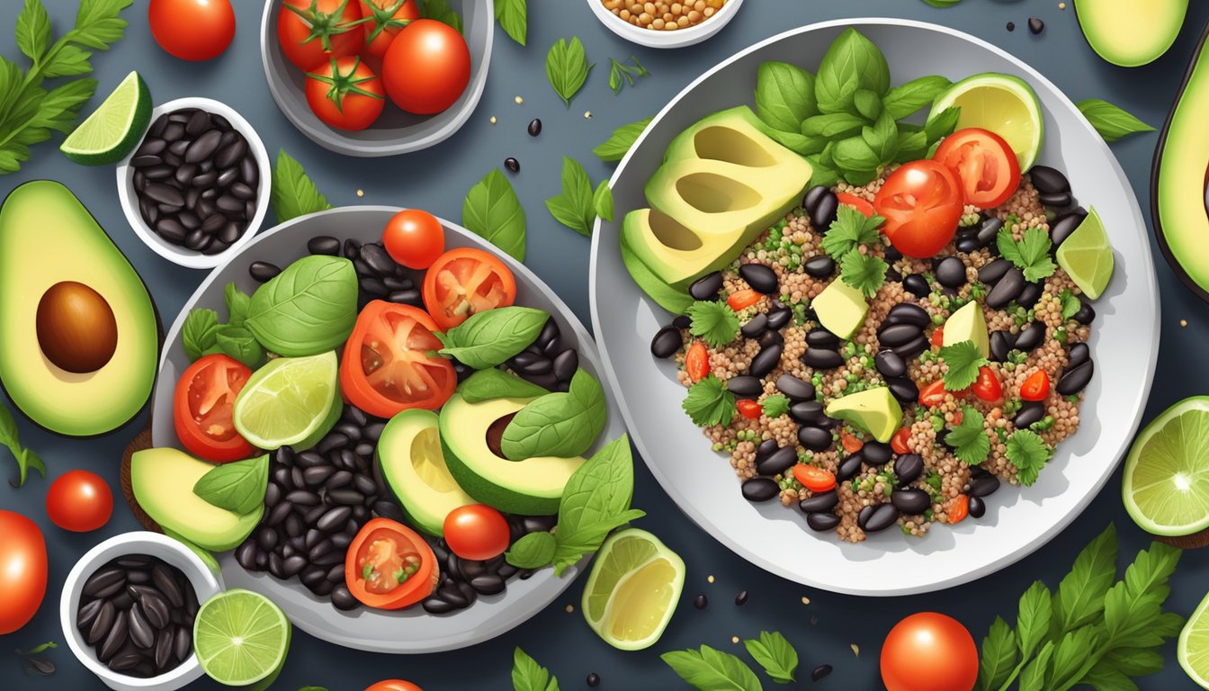 A colorful quinoa salad with avocado and black beans arranged on a plate, surrounded by vibrant ingredients like cherry tomatoes and fresh herbs