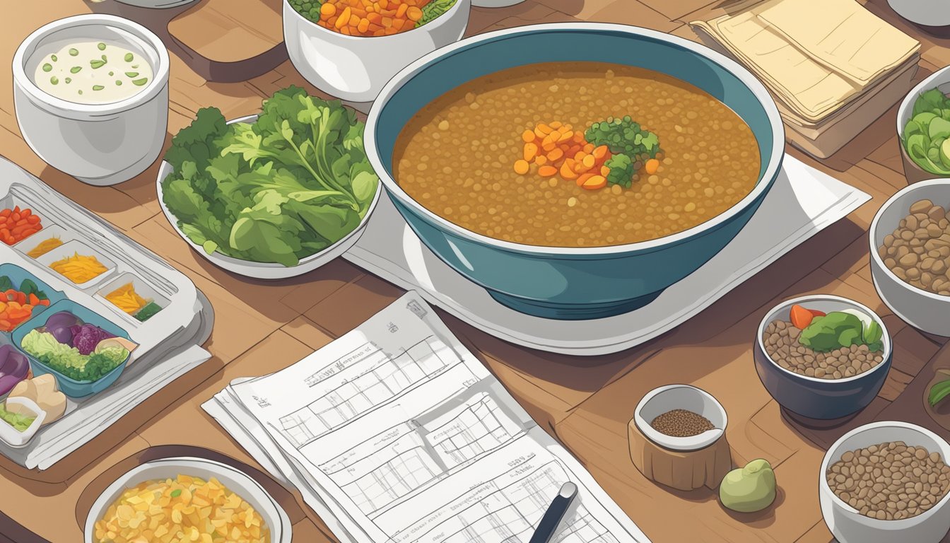 A steaming bowl of lentil soup surrounded by colorful vegetables on a table, with a stack of meal plans for diabetics beside it