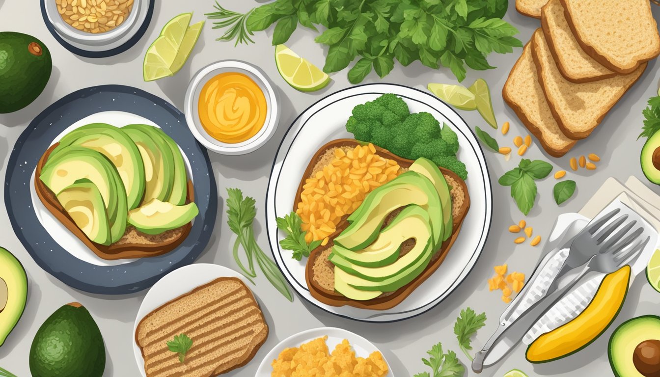 A plate of whole grain avocado toast surrounded by fresh ingredients and a variety of meal plans for diabetics