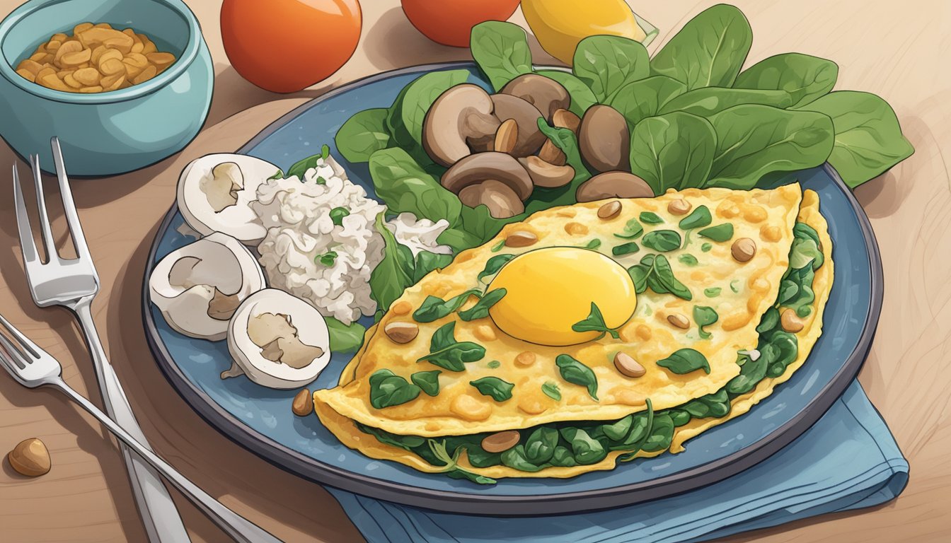 A sizzling omelette filled with spinach and mushrooms sits on a colorful plate, surrounded by fresh ingredients and a cookbook titled "12 Energy-Enhancing Meal Plans for Diabetics."