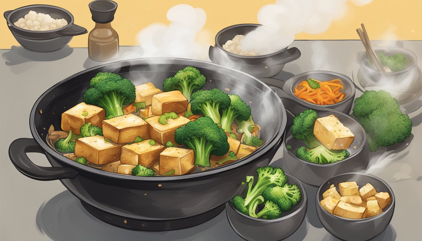 A sizzling wok filled with stir-fried tofu, broccoli, and ginger, emitting aromatic steam