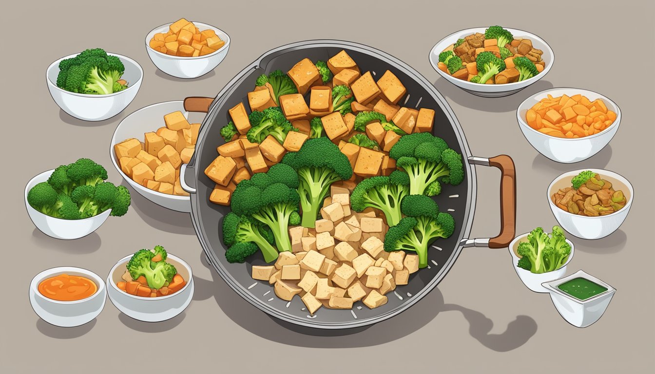 A sizzling stir fry in a wok, with chunks of tofu and vibrant green broccoli, surrounded by seven different meal plans for diabetics