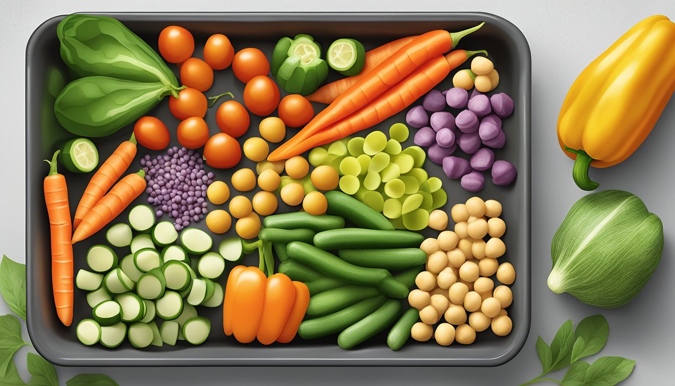 A colorful array of chickpeas, carrots, bell peppers, and zucchini arranged in a baking dish, ready to be roasted for a nutritious diabetic meal plan illustration