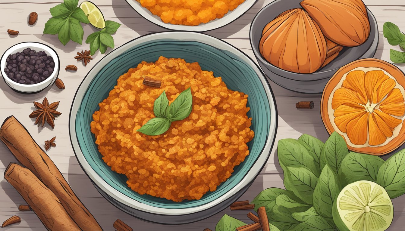 A bowl of cinnamon-spiced sweet potato mash surrounded by ingredients for thyroid-friendly diabetic meal plans