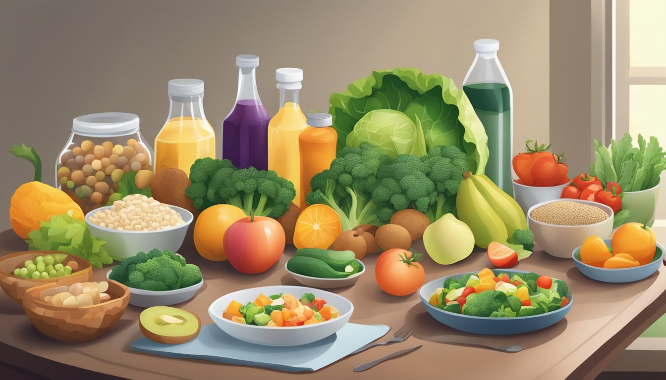 A table set with a variety of healthy foods, including fruits, vegetables, and lean proteins. A meal plan chart and diabetes management materials are visible nearby