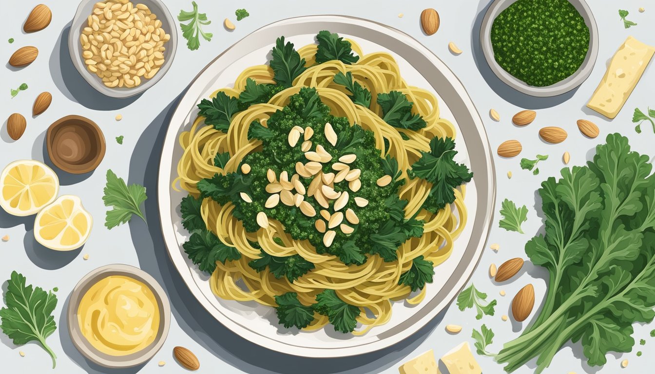 A plate of whole grain pasta topped with kale pesto, surrounded by ingredients like kale leaves, garlic cloves, and pine nuts