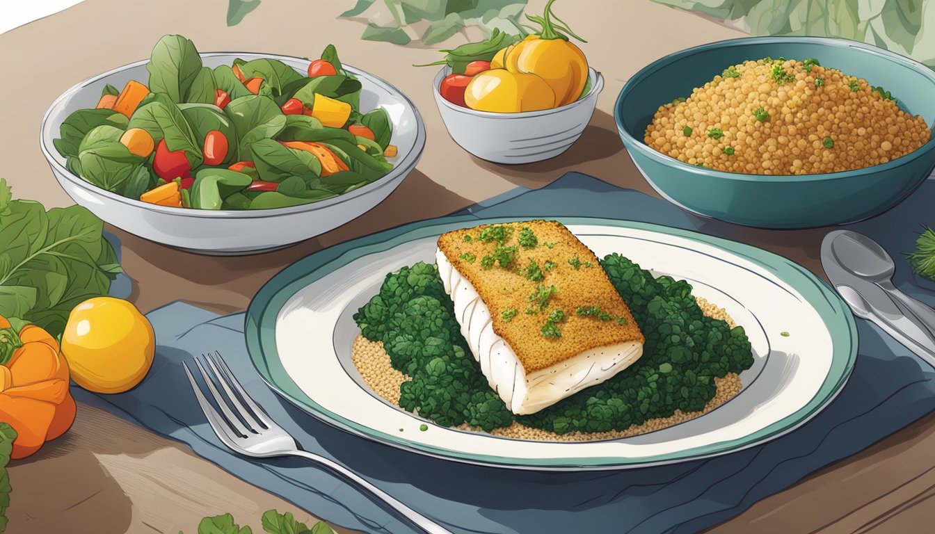 A plate of herb-crusted cod with spinach, surrounded by colorful vegetables and a side of quinoa, set on a stylish table