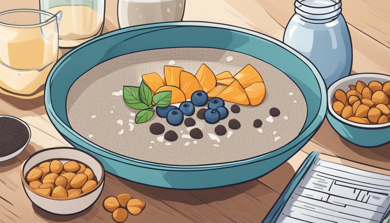 A glass bowl of chia seed pudding sits on a wooden table next to a carton of almond milk. The table is surrounded by colorful illustrations of various thyroid-friendly diabetic meal plans