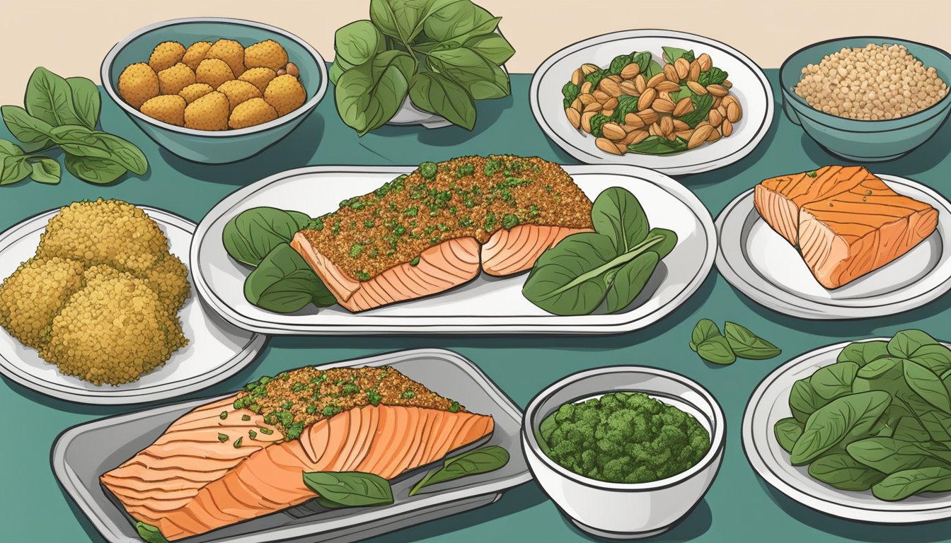 A plate of almond-crusted salmon with spinach, surrounded by 8 different meal plans for muscle-building diabetics