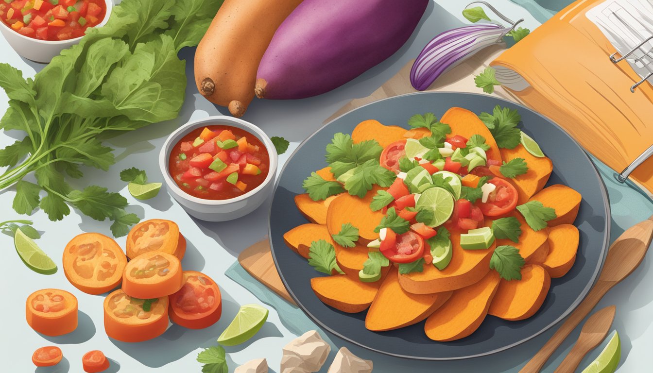 A vibrant sweet potato topped with colorful salsa, surrounded by fresh ingredients and a cookbook titled "12 Energy-Enhancing Meal Plans for Diabetics."