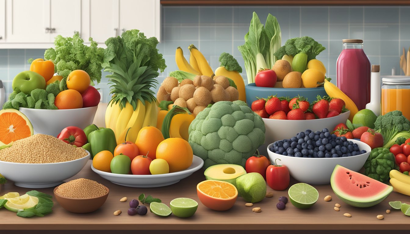 A colorful array of fresh fruits, vegetables, lean proteins, and whole grains arranged on a kitchen counter, with a focus on thyroid-healthy and diabetic-friendly options