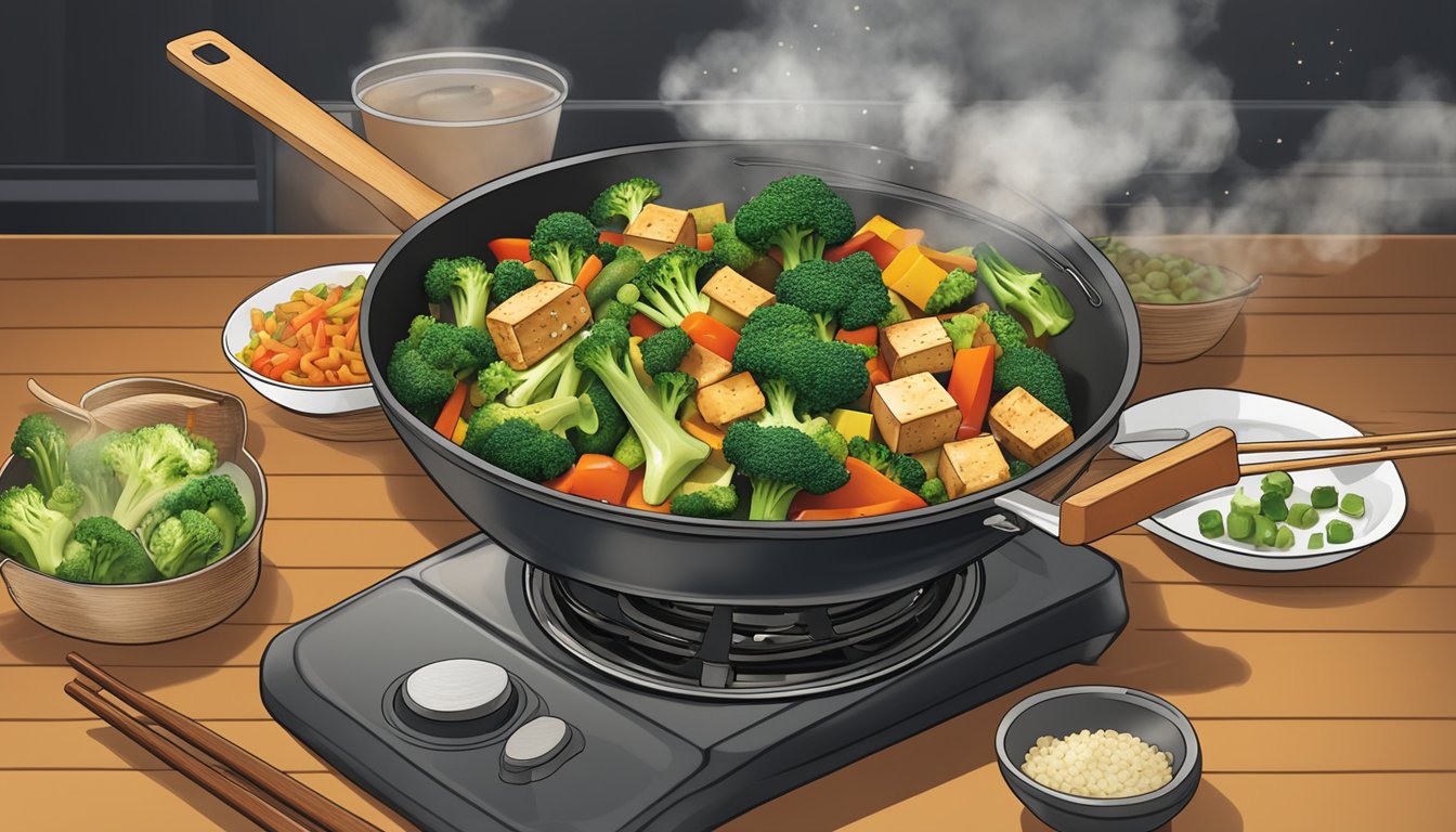 A sizzling wok on a gas stove, filled with colorful stir-fry ingredients including tofu, broccoli, and other vegetables, surrounded by various diabetic-friendly meal plans