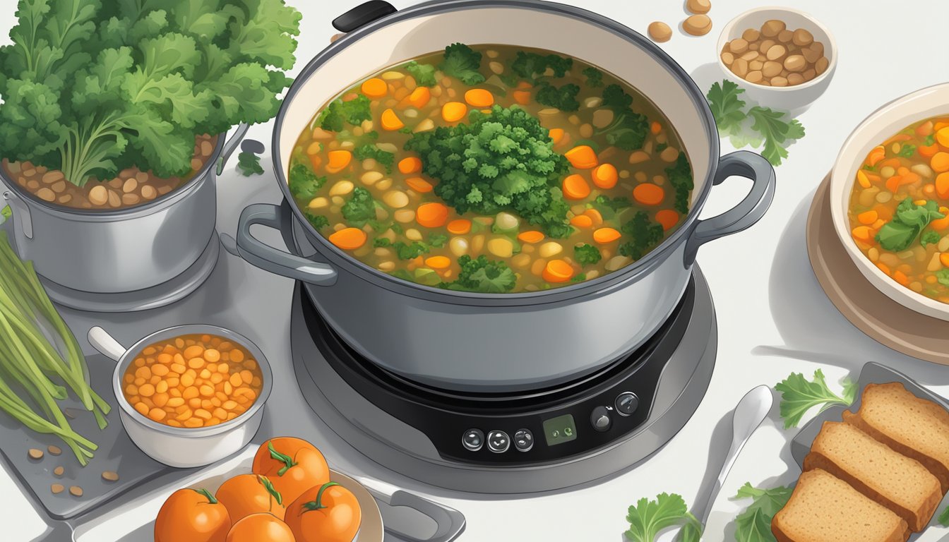 A pot of lentil soup simmering on the stove, filled with vibrant green kale and hearty chunks of vegetables