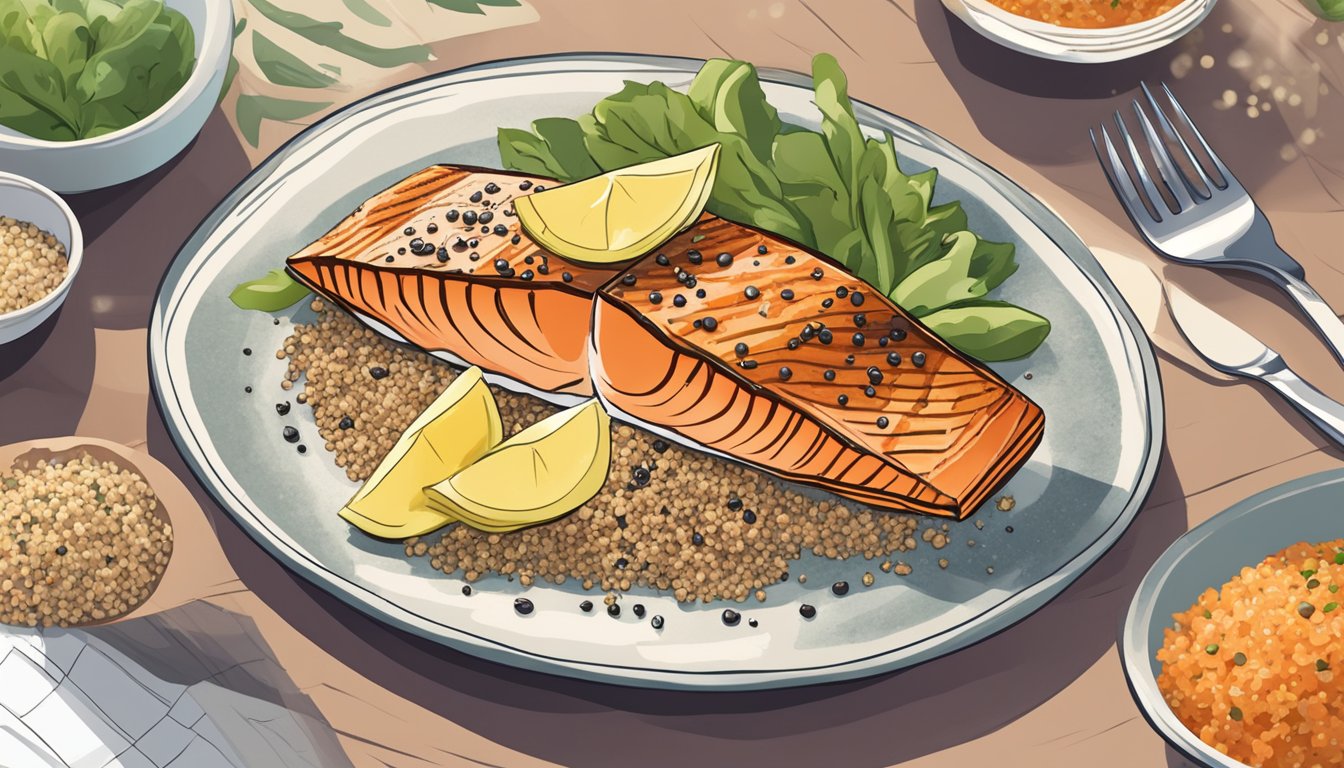 A plate of grilled salmon with quinoa surrounded by 11 skin-nourishing meal plans for diabetics