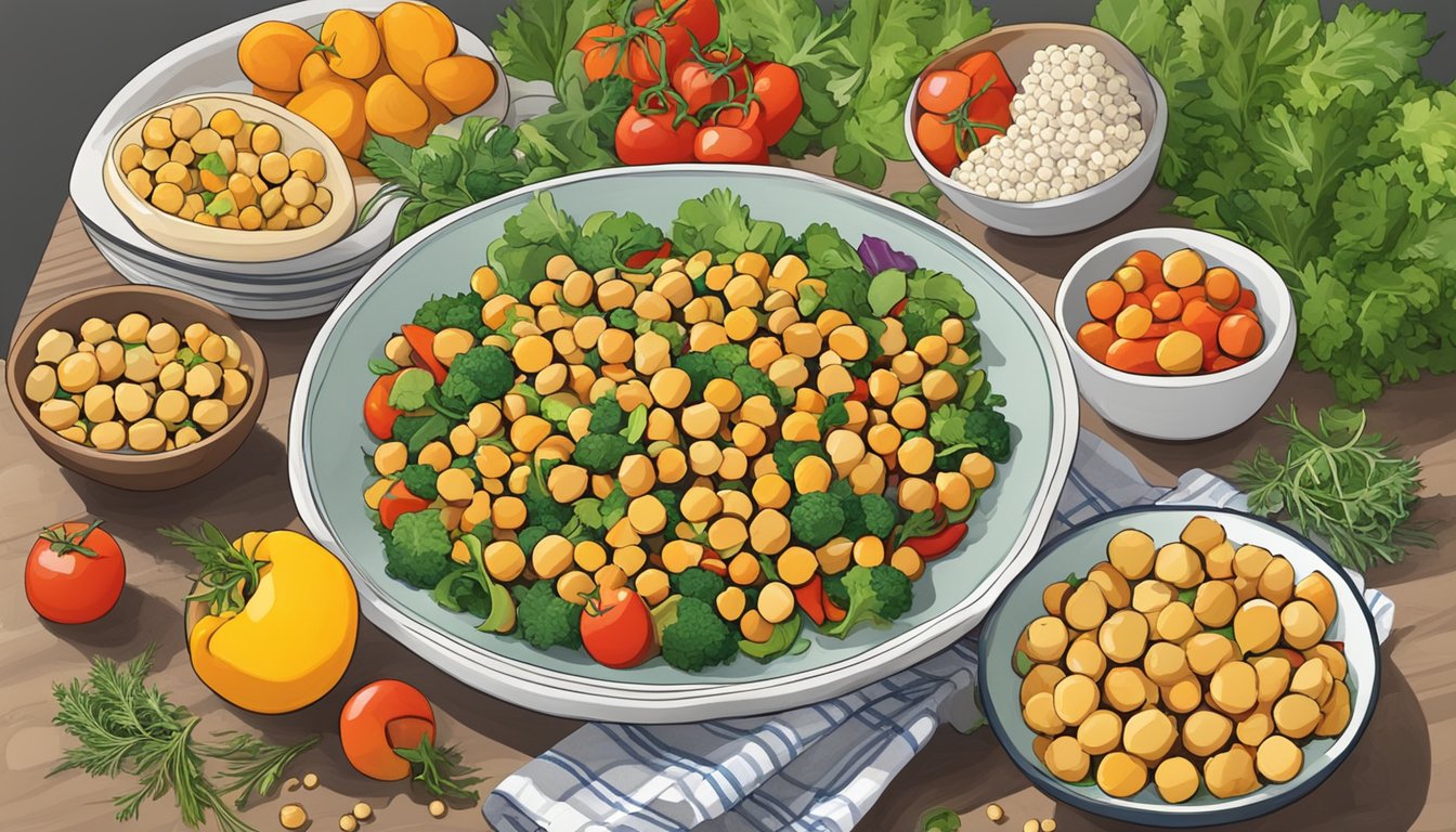 A colorful table spread with fresh vegetables, chickpeas, and herbs, with a bowl of Mediterranean chickpea salad as the centerpiece