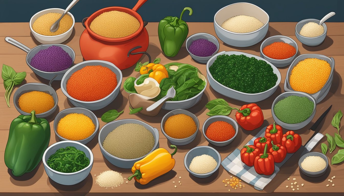 A colorful array of quinoa and spinach stuffed peppers arranged on a table, surrounded by various ingredients and cooking utensils